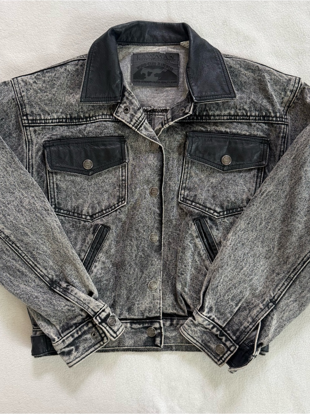 Vintage Acid Wash Gray Denim Jacket with Black Trim